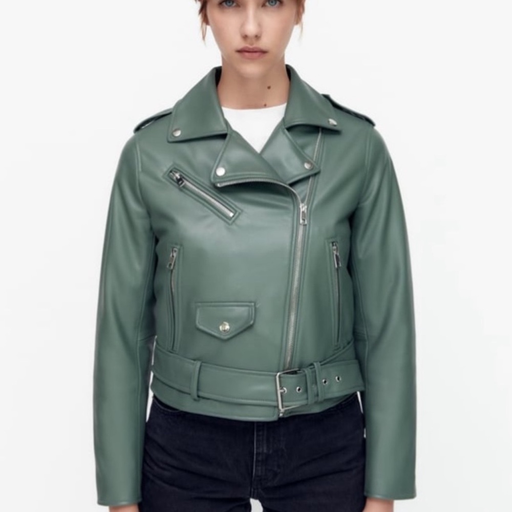 Zara - Women's Green Leather Jacket - Small